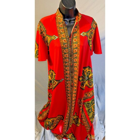 Sears Vintage Kaftan Housedress Muumuu Womens Size Large Red Beautiful Pattern - Picture 1 of 4
